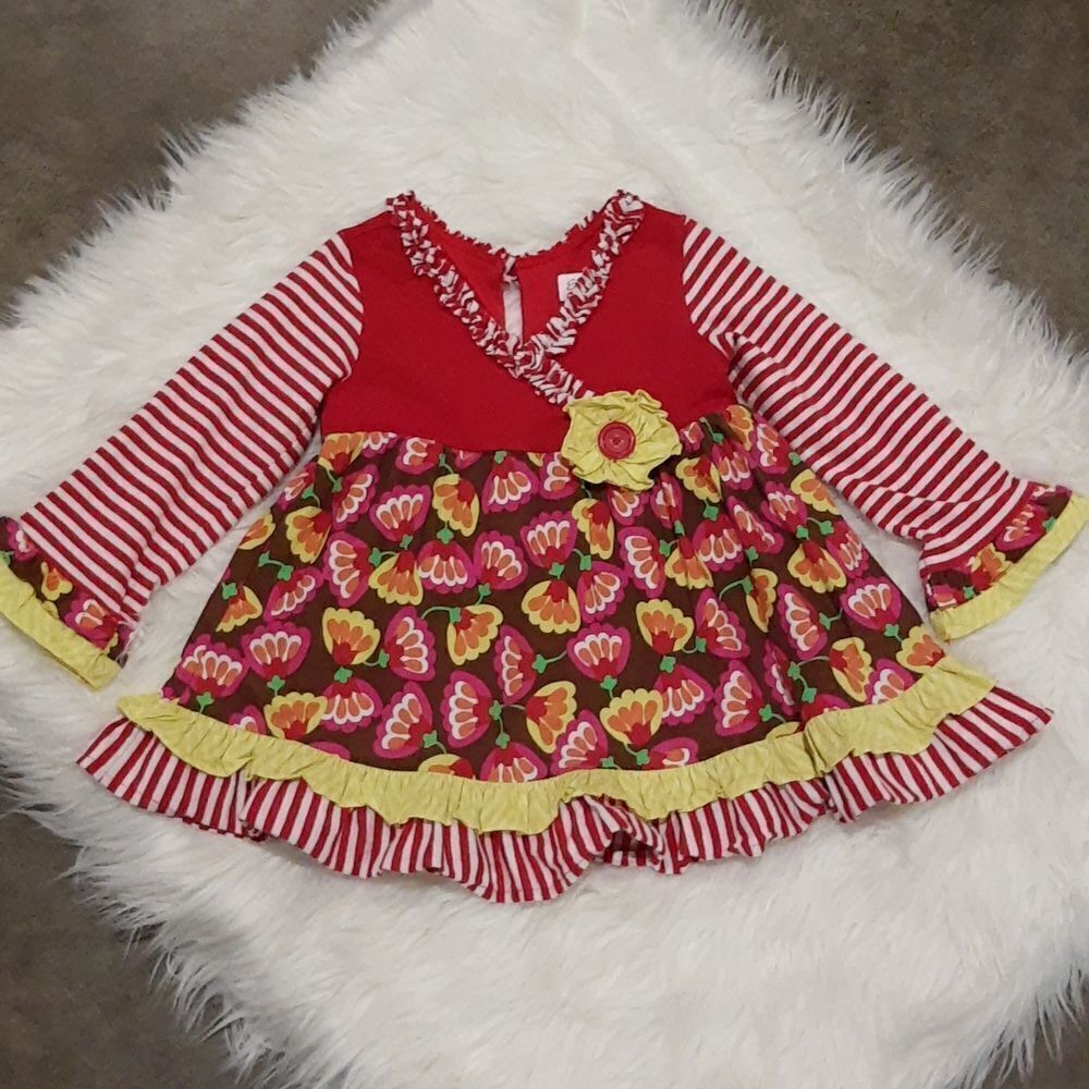 𝅺DRESS Red Yellow Top Tunic Size 4T Emily Rose stripes Ruffle